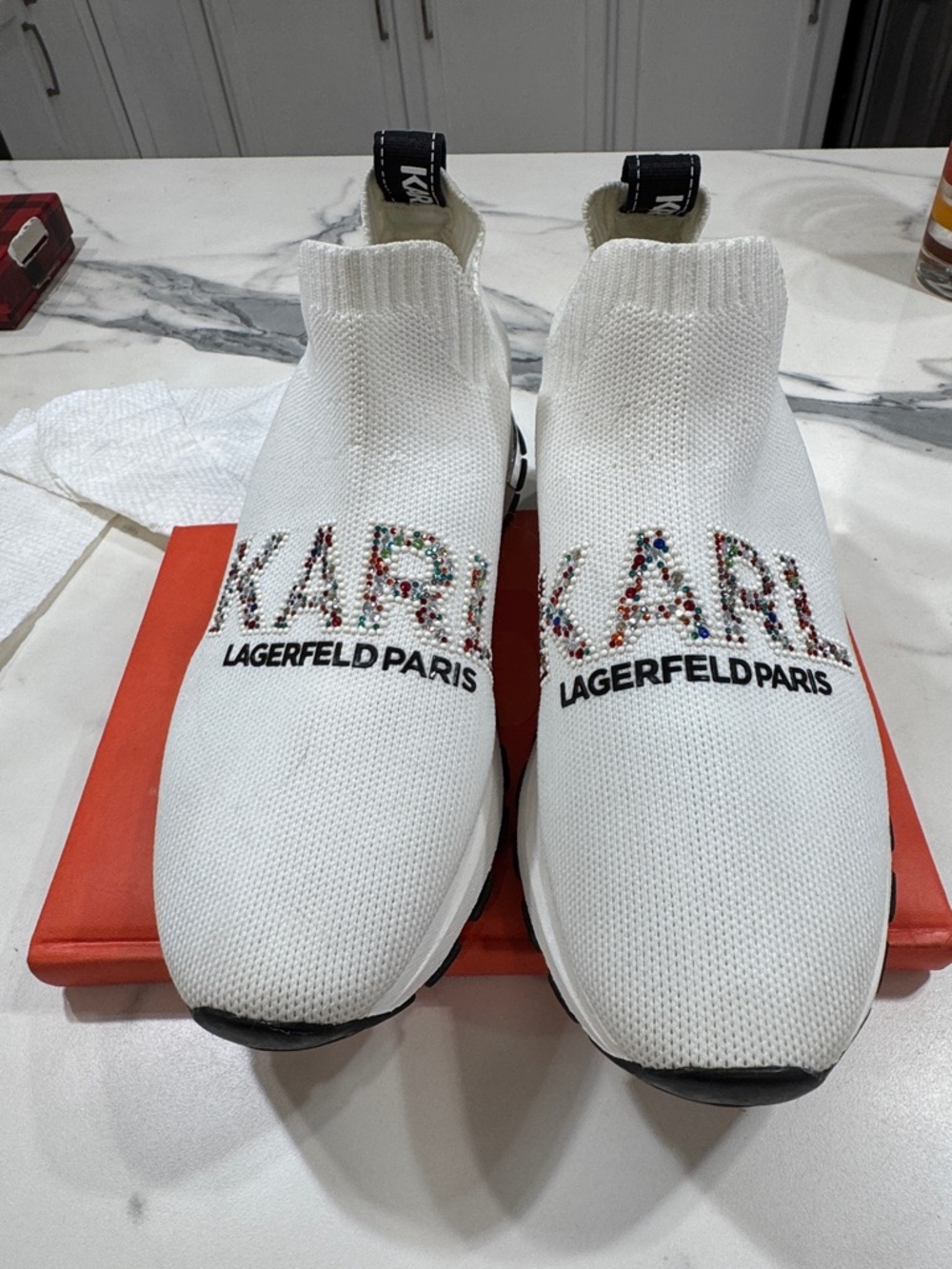 Karl Lagerfeld Paris Knit Sneakers Kids 8 White Good Rhinestone Pearl Logo